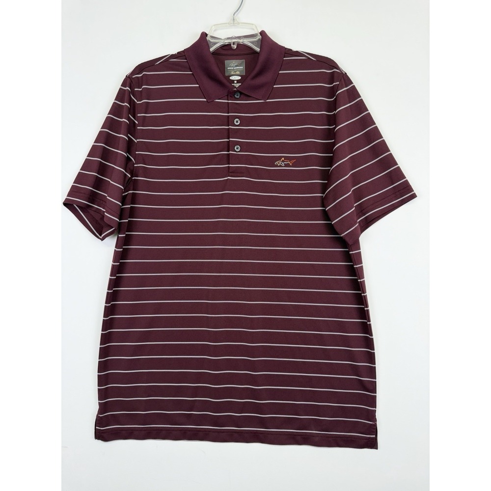 Greg Norman Mens Shirt M Maroon Golf Polo Tasso Elba striped Stretch Comfort